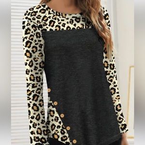 NWT Round Neck Black Stitched Leopard Print Long Sleeve Top by JFN